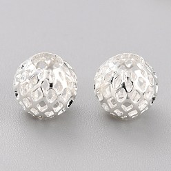 925 Sterling Silver Plated Long-Lasting Plated Hollowed Brass Beads, Filigree Beads, Round, 925 Sterling Silver Plated, 9.5x9mm, Hole: 4.5mm