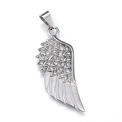 Stainless Steel Color 316 Surgical Stainless Steel Rhinestone Pendants, Wing, Stainless Steel Color, 47x20x3mm, Hole: 5x9mm