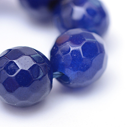 Bleu Foncé Blanc brins de perles de jade naturels, teint, facette, ronde, bleu foncé, 8~9mm, Trou: 1mm, Environ 46 pcs/chapelet, 14.76~14.96 pouce (37.5~38 cm)