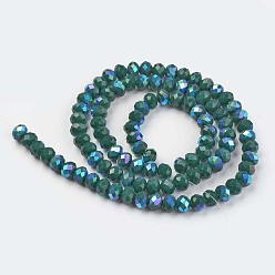 Teal Electroplate Opaque Solid Color Glass Beads Strands, Half Rainbow Plated, Faceted, Rondelle, Teal, 4x3mm, Hole: 0.4mm, about 123~127pcs/strand, 16.5~16.9 inch(42~43cm)