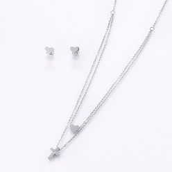 Stainless Steel Color 304 Stainless Steel Jewelry Sets, Stud Earrings and Pendant Tiered Necklaces, with Rhinestone, Cross and Heart, Stainless Steel Color, Necklace: 18.1 inch(46cm), 1.5mm, Stud Earrings: 7x8x1.2mm, Pin: 0.8mm