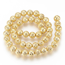 Golden Plated Electroplated Natural Lava Rock Beads Strands, Round, Bumpy, Golden Plated, 4~5mm, Hole: 1mm, about 89pcs/strand, 15.7 inch