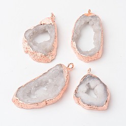 Rose Gold Natural Geode Agate Druzy Slice Pendants, Nuggets, with Brass Findings, Rose Gold, 18~48x28~70x6~9mm, Hole: 2mm