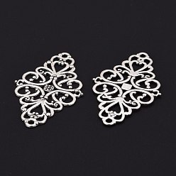 Antique Silver Tibetan Style Alloy Rhombus Filigree Joiners Links, Cadmium Free & Lead Free, Antique Silver, 42x25x1mm, Hole: 2mm