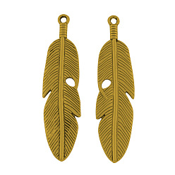 Antique Golden Tibetan Style Alloy Feather Big Pendants, Cadmium Free & Nickel Free & Lead Free, Antique Golden, 61x15x3mm, Hole: 2mm