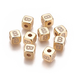 Letter B Brass Micro Pave Cubic Zirconia Beads, Horizontal Hole, Real 18K Gold Plated, Long-Lasting Plated, Cube with Letter, Clear, Letter.B, 9x9x9mm, Hole: 3.5mm