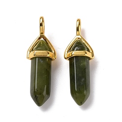 Green Jade Natural Green Xinyi Jade, Chinese Southern Jade Pendants, Faceted, with Golden Tone Brass Findings, Lead free & Cadmium Free, Bullet, 27~30x9~10x7~8mm, Hole: 4x3mm