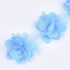 Light Sky Blue Organza Flower Ribbon, Costume Accessories, For Party Wedding Decoration and Earring Making, Light Sky Blue, 50~60mm, about 10yard/bundle