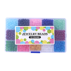 Couleur Mélangete 1box 15 couleurs des perles de verre transparent, givré, ronde, couleur mixte, 4mm, trou: 1.3~1.6 mm, sur 100 pcs / couleur, 1500 pcs / boîte
