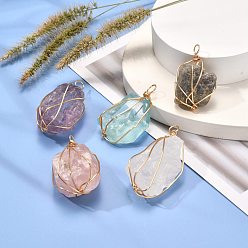 Mixed Stone Natural & Synthetic Gemstone Pendants, with Real 18K Gold Plated Eco-Friendly Copper Wire, Nuggets, 36~50x23~25x15~21mm, Hole: 4.5mm