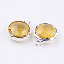 Yellow Silver Color Plated Brass Glass Flat Round Charms, Faceted, Yellow, 12x8.5x3mm, Hole: 1.5mm