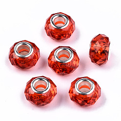 Rouge Résine transparente perles européennes, cristal d'imitation, Perles avec un grand trou   , laiton avec ton argent noyaux doubles, facette, rondelle, rouge, 14x9.5mm, Trou: 5mm
