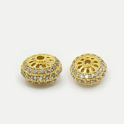 Golden Brass Cubic Zirconia Beads, Rondelle, Hollow, Clear, Golden, 10x6mm, Hole: 1.5mm