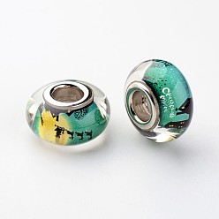 Cyan Large Hole Rondelle Resin European Beads, with Platinum Tone Brass Double Cores, Christmas, Cyan, 14x8mm, Hole: 5mm