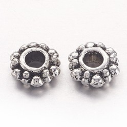 Antique Silver Tibetan Style Spacer Beads, Lead Free and Cadmium Free, Snowflake, for Christmas, Antique Silver, about 7mm in diameter, 2mm thick, Hole: 2.5mm