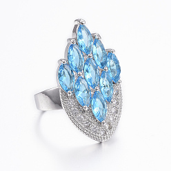 Deep Sky Blue Brass Micro Pave Cubic Zirconia Jewelry Sets, Pendants & Hoop Earrings & Finger Rings, Marquise/Horse Eye, Platinum, Deep Sky Blue, Size 6~10(16~20mm), 38.5x17x5.5mm, Hole: 5.5x4mm, 49x17x5.5mm, Pin: 1mm
