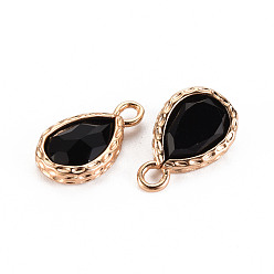 Black Glass Pendants, with Brass Findings, Faceted, Teardrop, Light Gold, Black, 15x9x4.5mm, Hole: 1.8~2mm
