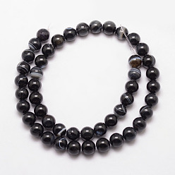 Black Natural Striped Agate/Banded Agate Bead Strands, Round, Grade A, Dyed & Heated, Black, 10mm, Hole: 1mm, about 37pcs/strand, 15 inch