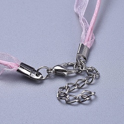 Pink Jewelry Making Necklace Cord, with 2 Threads Waxed Cord, Organza Ribbon and Iron Findings, Pink, 17 inch