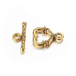 Antique Golden Tibetan Style Toggle Clasps, Cadmium Free & Nickel Free & Lead Free, Heart, Antique Golden, 18.5x14mm, Hole: 3mm