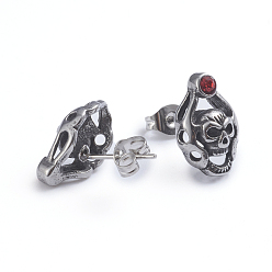 Antique Silver Retro 304 Stainless Steel Stud Earrings, with Cubic Zirconia and Ear Nuts, Skull, Red, Antique Silver, 14.5x9.8mm, Pin: 0.6mm