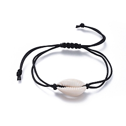 Black Adjustable Nylon Thread Braided Bead Bracelets, with Natural Cowrie Shell Beads, Black, 32.1cm