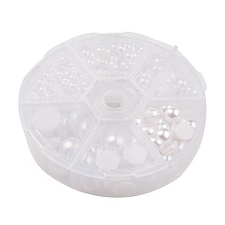 Blanc 1 box abs cabochons en plastique imitation dôme perle, demi-tour, blanc, 4~12x2~6 mm, sur 690 pcs / boîte
