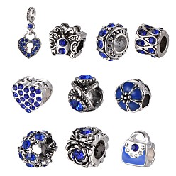 Sapphire Mixed Shapes Alloy Glass Rhinestone European Beads, Sapphire, 10~26x9~12x1~10.5mm, Hole: 4.5~5mm, 10pcs/set