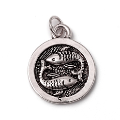 Рыбы Латунные подвески, с прыжковых колец, долговечный, плоский круг со знаком 12 созвездия / зодиака, античное серебро, Рыбы, 18.5x15x2 мм, переходное кольцо: 5x0.7 мм, внутренний диаметр: 3.6 мм