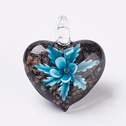 Light Blue Handmade Lampwork Pendants, Inner Flower, Heart, Light Blue, 38x33x16mm, Hole: 6x6mm