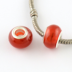 Dark Red Large Hole Rondelle Resin European Beads, with Silver Color Plated Brass Double Core, Dark Red, 14x9mm, Hole: 5mm