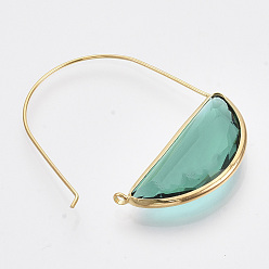 Light Sea Green Brass Hoop Earrings, with Glass, Nickel Free, Real 18K Gold Plated, Faceted, Half Round, Light Sea Green, 44mm, Pin: 0.8mm
