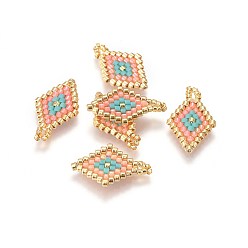 Light Salmon MIYUKI & TOHO Handmade Japanese Seed Beads Pendants, Loom Pattern, Rhombus, Light Salmon, 19~20x11.5~12x1.7mm, Hole: 1.8mm