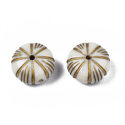 Beige Flat Round Plating Acrylic Beads, Golden Metal Enlaced, Beige, 12.5x7mm, Hole: 1mm, about 703pcs/500g