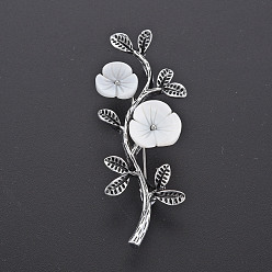 White Branch and Flower Natural Shell Brooch Pin, Alloy with Rhinestone Lapel Pin for Backpack Clothing, Lead Free & Cadmium Free, Antique Silver, White, 54~55x22x13~16mm, Hole: 4x6mm, Pin: 0.7mm