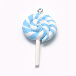 Bleu Ciel Foncé Argile polymère main gros pendentifs, lollipop, bleu profond du ciel, 48~56x27~29x7~10mm, Trou: 2mm