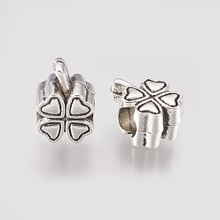 Antique Silver Alloy European Beads, Large Hole Beads, Clover, Antique Silver, 13x9x7mm, Hole: 5mm