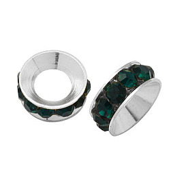 Emerald Brass Rhinestone Spacer Beads, Grade A, Rondelle, Silver Color Plated, Emerald, 10x4.2mm, Hole: 5.2~5.7mm
