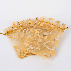 Goldenrod Heart Printed Organza Bags, Gift Bags, Rectangle, Goldenrod, 12x10cm