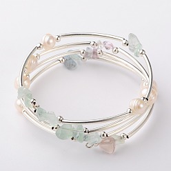 Mixed Stone Gemstone Chip Warp Bracelets, Silver and Platinum, Natural & Synthetic Mixed Stone, 53mm