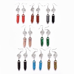 Mixed Stone Pointed Bullet Natural & Synthetic Mixed Gemstone Dangle Earrings, with Brass Earring Hooks and Flat Round with Tree of Life Links, Platinum, 76mm, Pin: 0.7mm