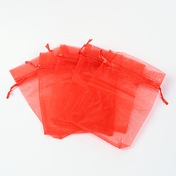 Red Organza Gift Bags, with Drawstring, Rectangle, Red, 12x10cm