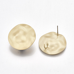 Matte Gold Color Iron Stud Earring Findings, with Steel Pins and Loop, Hammered Flat Round, Matte Gold Color, 25mm, Hole: 3.5mm, Pin: 0.7mm