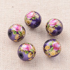 Blue Violet Flower Picture Printed Glass Round Beads, Blue Violet, 12mm, Hole: 1mm