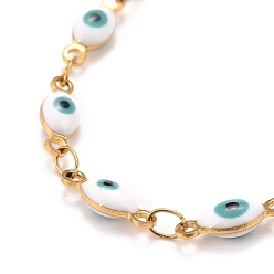 White Enamel Horse Eye Link Chains Bracelet, Vacuum Plating 304 Stainless Steel Jewelry for Women, Golden, White, 6-3/4 inch(17.1cm)