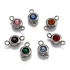 Mixed Color Flat Round 304 Stainless Steel Cubic Zirconia Links, Stainless Steel Color, Mixed Color, 12x6.5x4mm, Hole: 2mm