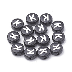 Letter K Opaque Acrylic Beads, Horizontal Hole, Alphabet Style, Flat Round, Letter.K, 7x4mm, Hole: 1.5mm, about 3700pcs/500g