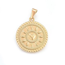 Golden 304 Stainless Steel Pendants, Flat Round with Heart, Golden, 28.5x25x2.5mm, Hole: 11x5mm