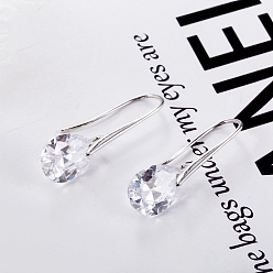 Clear Platinum Tone Stainless Steel Dangle Earrings, with Cubic Zirconia, Clear, 35x10mm