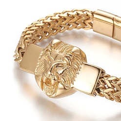 Golden 304 Stainless Steel Link Bracelets, with Magnetic Clasps, Lion Head, Golden, 8-3/8 inch(21.15cm), 11.5~27.9x5.5~15.8mm